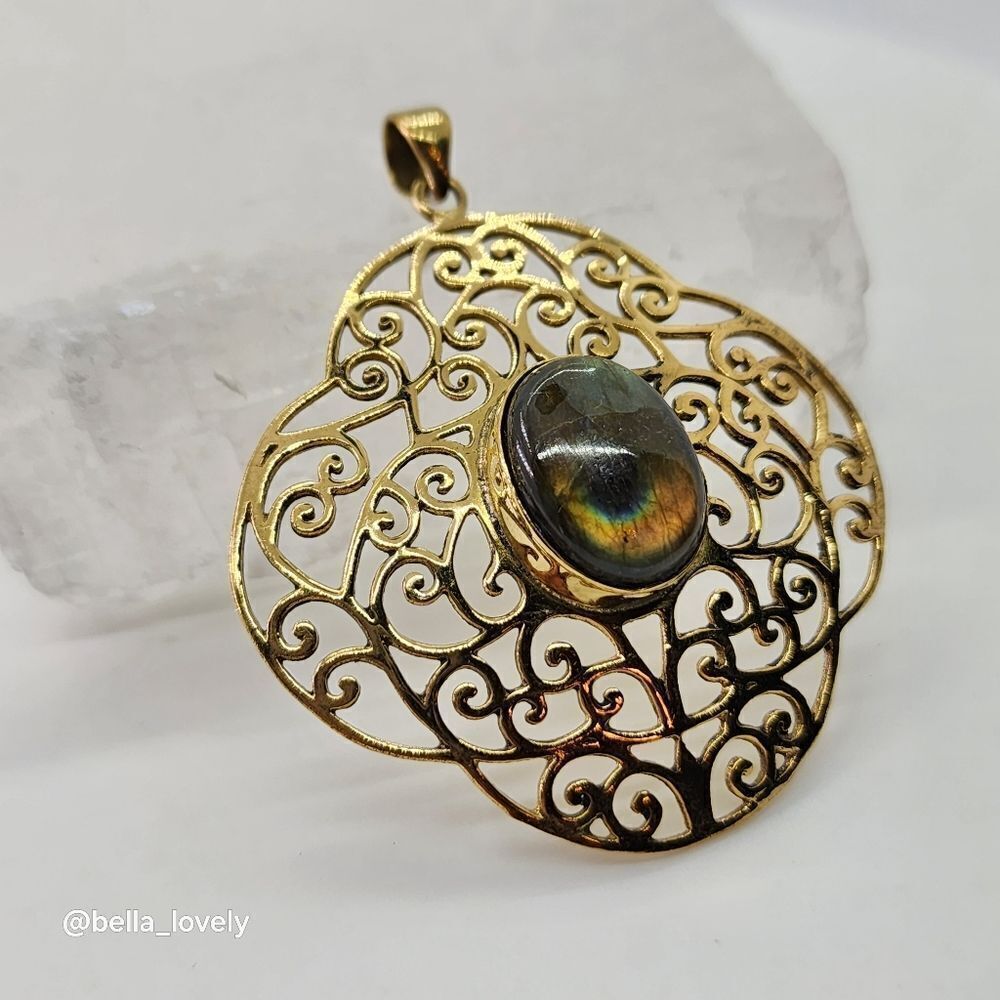 High Fire Labradorite Gold Toned Ethnic Handmade Filigree Pendant Jewelry 2.27"